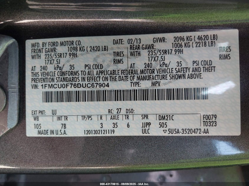 2013 FORD ESCAPE S - 1FMCU0F76DUC67904