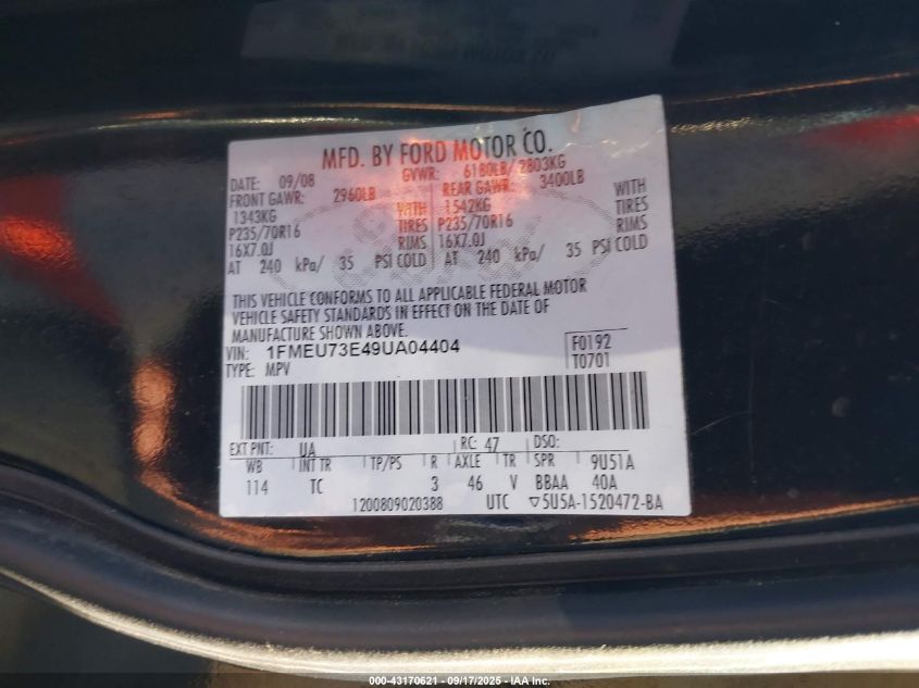 2009 Ford Explorer Xlt VIN: 1FMEU73E49UA04404 Lot: 43170621