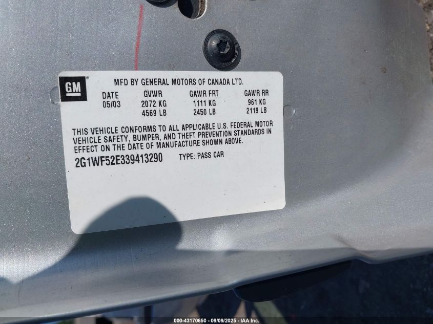 2003 Chevrolet Impala VIN: 2G1WF52E339413290 Lot: 43170650