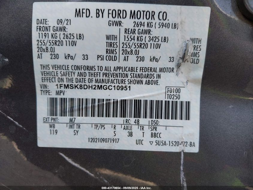 2021 Ford Explorer Xlt VIN: 1FMSK8DH2MGC10951 Lot: 43170654