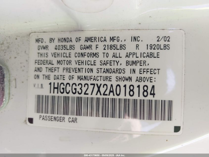2002 Honda Accord 2.3 Ex VIN: 1HGCG327X22A01818 Lot: 43170658