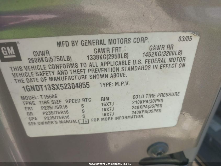 2005 Chevrolet Trailblazer Ls VIN: 1GNDT13SX52304855 Lot: 43170677