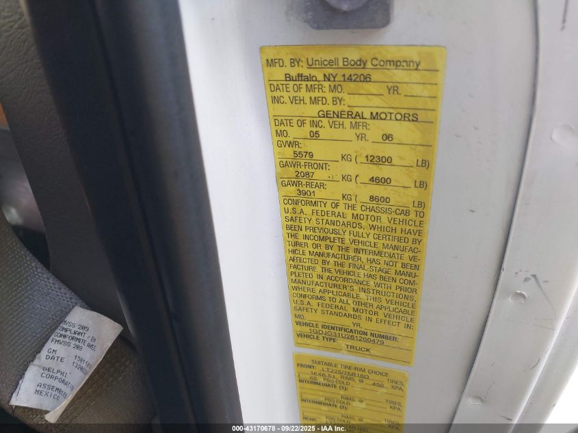 2006 GMC Savana Cutaway Work Van VIN: 1GDJG31U261260479 Lot: 43170678
