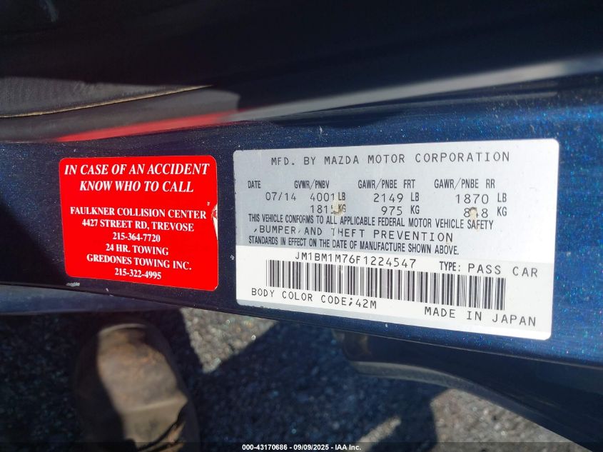 2015 Mazda Mazda3 I Grand Touring VIN: JM1BM1M76F1224547 Lot: 43170686