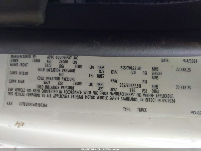 2025 International Mv VIN: 1HTEUMML6SS107361 Lot: 43170693