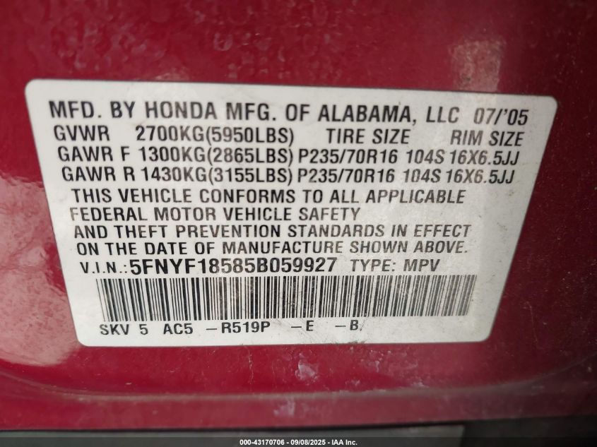 2005 Honda Pilot Ex-L VIN: 5FNYF18585B059927 Lot: 43170706