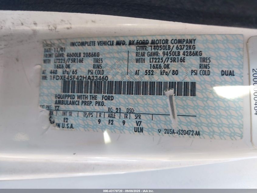 2002 Ford E-450 Cutaway Standard VIN: 1FDXE45F42HA33460 Lot: 43170720