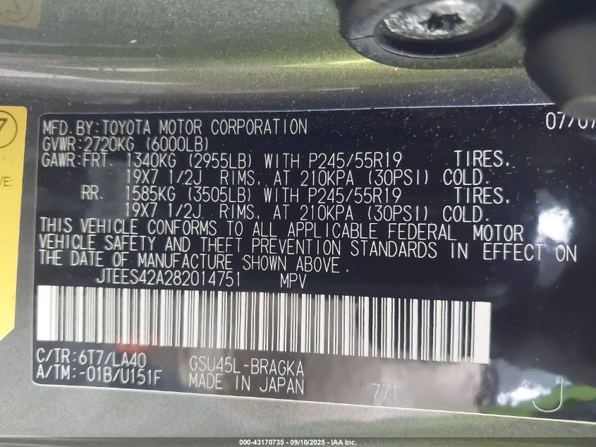 2008 Toyota Highlander Limited VIN: JTEES42A282014751 Lot: 43170735