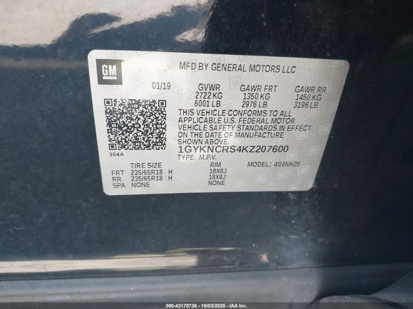 2019 Cadillac Xt5 Luxury VIN: 1GYKNCRS4KZ207600 Lot: 43170736