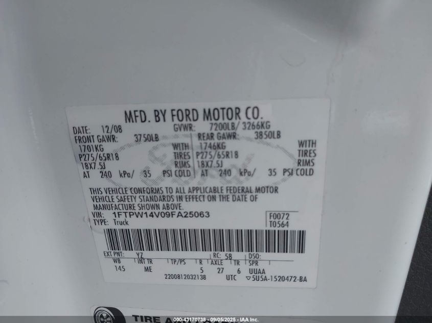 2009 Ford F-150 Xlt VIN: 1FTPW14V09FA25063 Lot: 43170738