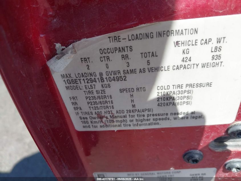 2001 Cadillac Eldorado Etc VIN: 1G6ET12941B104952 Lot: 43170751