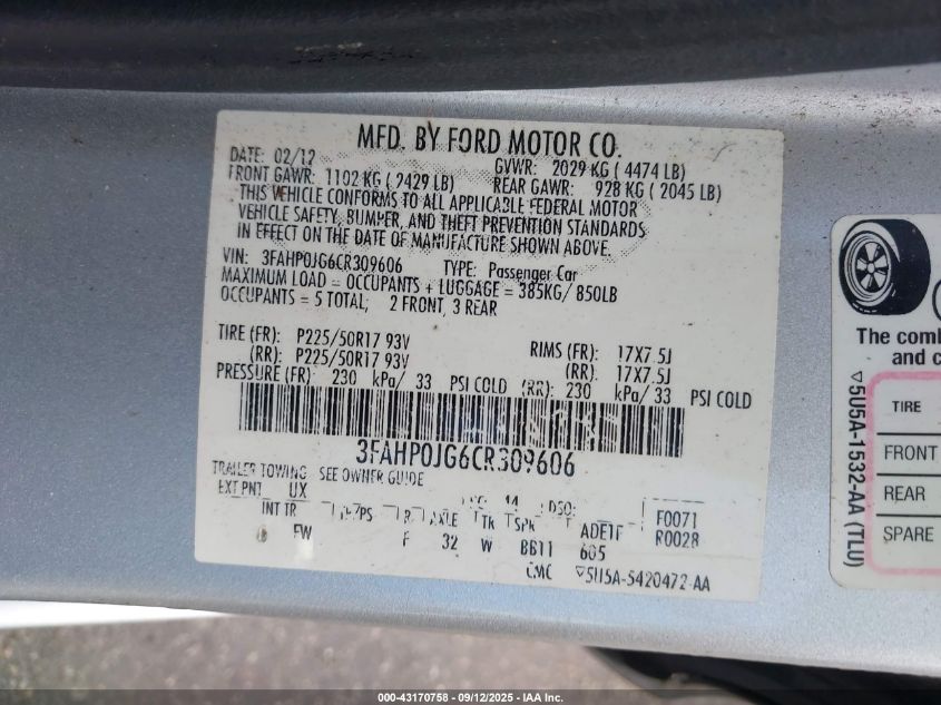 2012 Ford Fusion Sel VIN: 3FAHP0JG6CR309606 Lot: 43170758