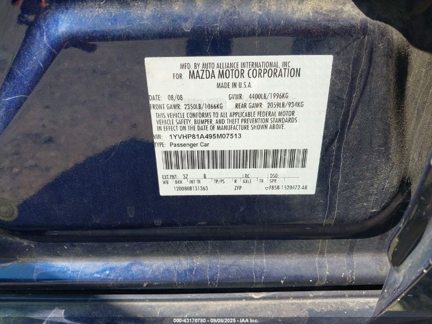 2009 Mazda Mazda6 I Sport VIN: 1YVHP81A495M07513 Lot: 43170780