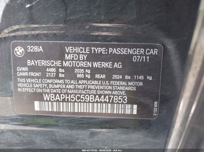 2011 BMW 328I VIN: WBAPH5C59BA447853 Lot: 43170782