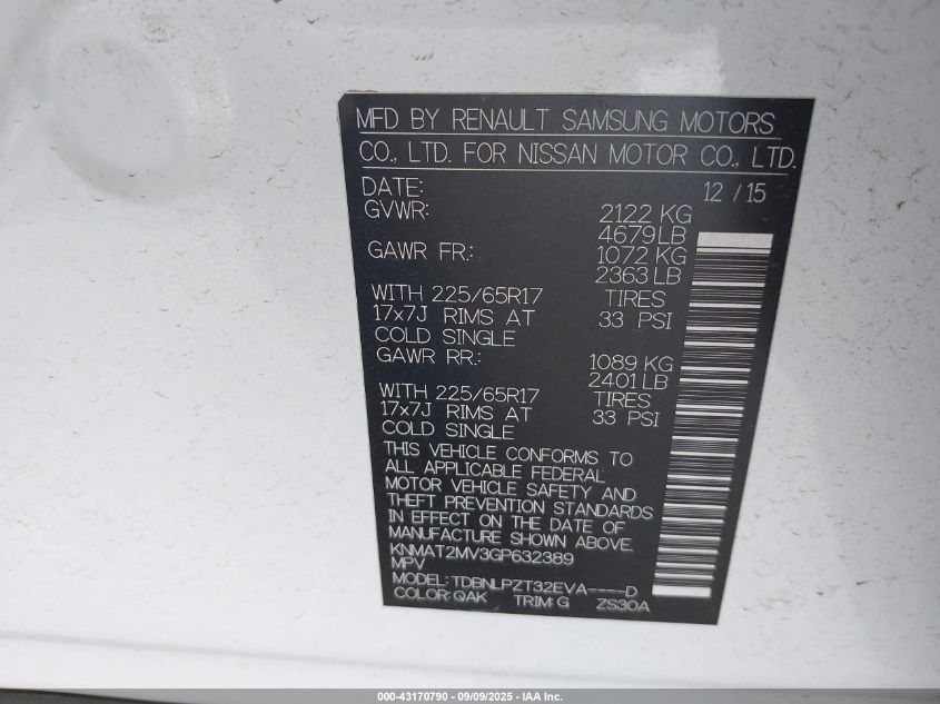 2016 Nissan Rogue S VIN: KNMAT2MV3GP632389 Lot: 43170790