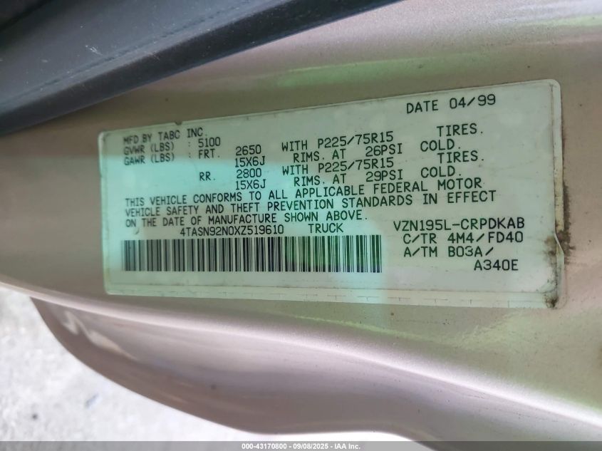 1999 Toyota Tacoma Prerunner V6 VIN: 4TASN92N0XZ519610 Lot: 43170800