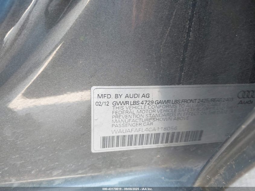 2012 Audi A4 2.0T Premium VIN: WAUAFAFL4CA118056 Lot: 43170819