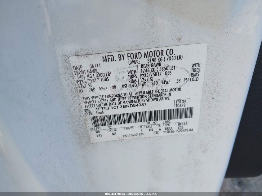 2011 Ford F-150 Xlt VIN: 1FTNF1CF3BKD84387 Lot: 43170854