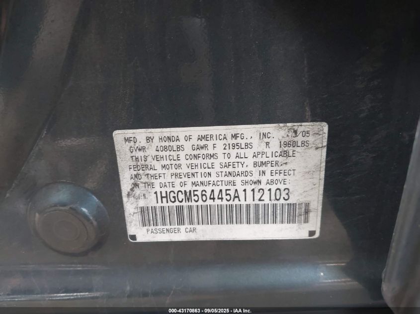 2005 Honda Accord 2.4 Lx VIN: 1HGCM56445A112103 Lot: 43170863