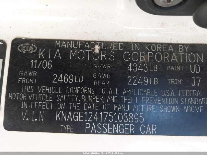 2007 Kia Optima Lx V6 VIN: KNAGE124175103895 Lot: 43170874