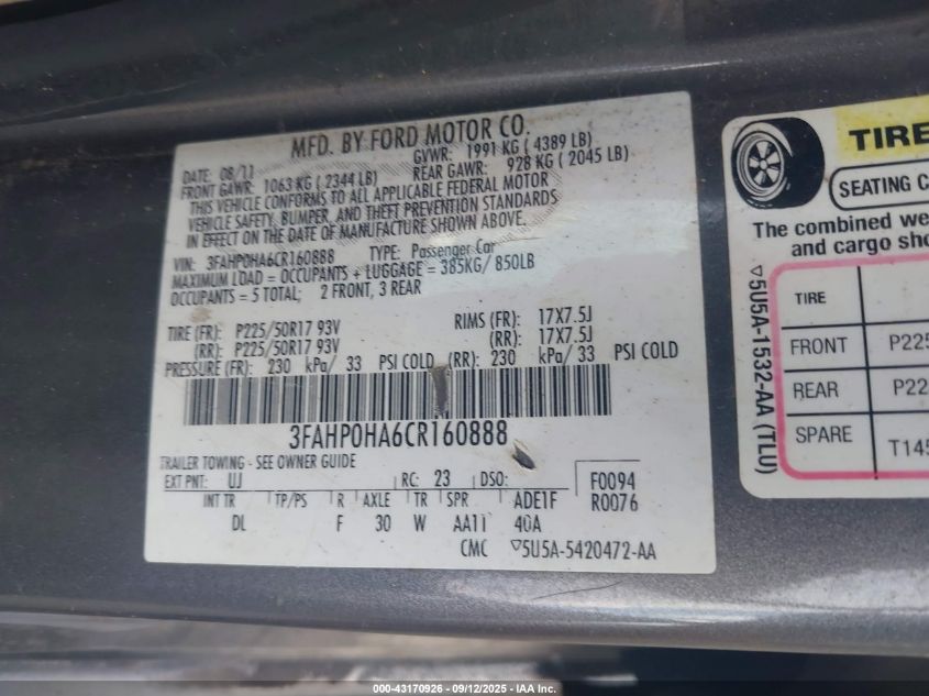 2012 Ford Fusion Se VIN: 3FAHP0HA6CR160888 Lot: 43170926