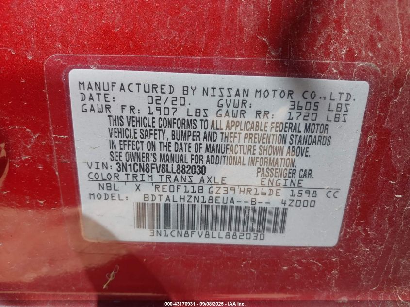 2020 Nissan Versa Sr Xtronic Cvt VIN: 3N1CN8FV8LL882030 Lot: 43170931