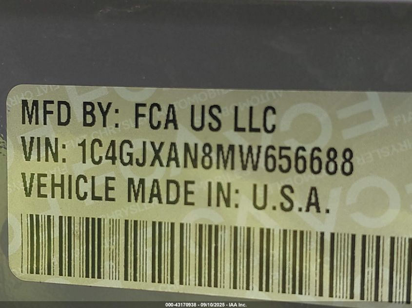 2021 Jeep Wrangler Sport S 4X4 VIN: 1C4GJXAN8MW656688 Lot: 43170938