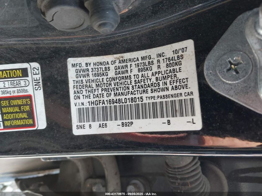 2008 Honda Civic Ex-L VIN: 1HGFA16948L018015 Lot: 43170975