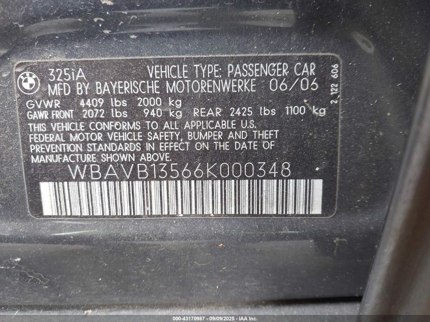 2006 BMW 325 I VIN: WBAVB13566K000348 Lot: 43170987