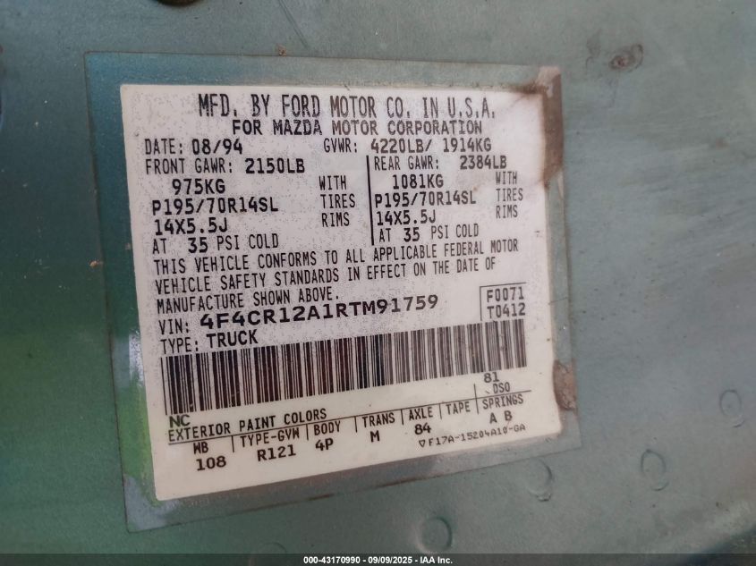 1994 Mazda B2300 VIN: 4F4CR12A1RTM91759 Lot: 43170990