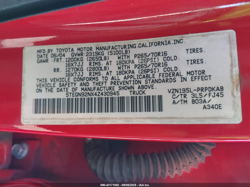 2004 Toyota Tacoma Prerunner V6 VIN: 5TEGN92NX4Z430945 Lot: 43171002