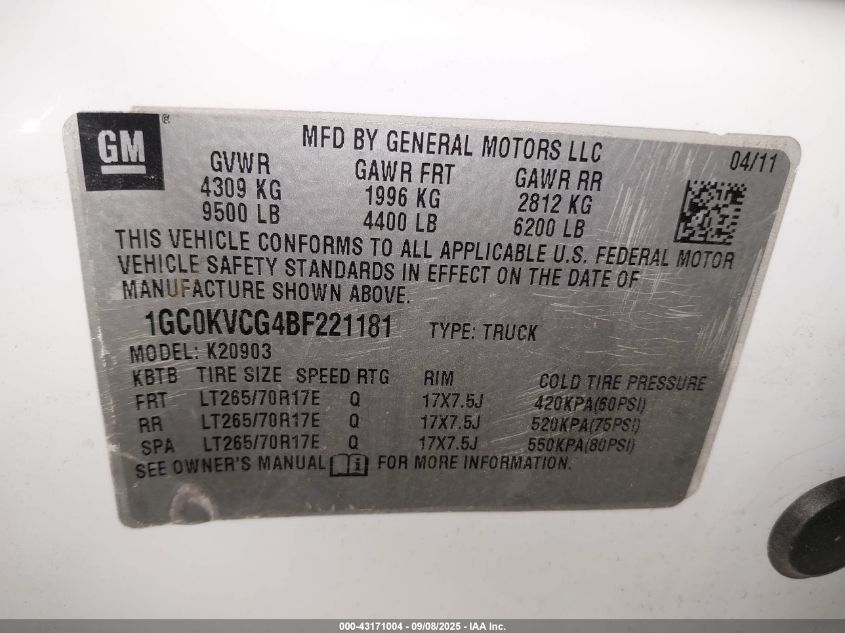 2011 Chevrolet Silverado 2500Hd Work Truck VIN: 1GC0KVCG4BF221181 Lot: 43171004