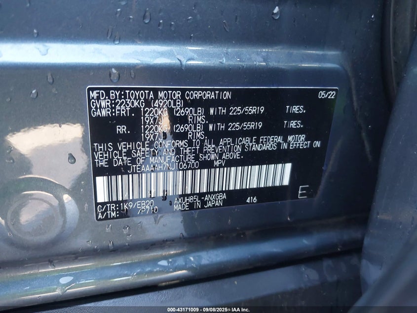 2022 TOYOTA VENZA XLE JTEAAAAH7NJ106700