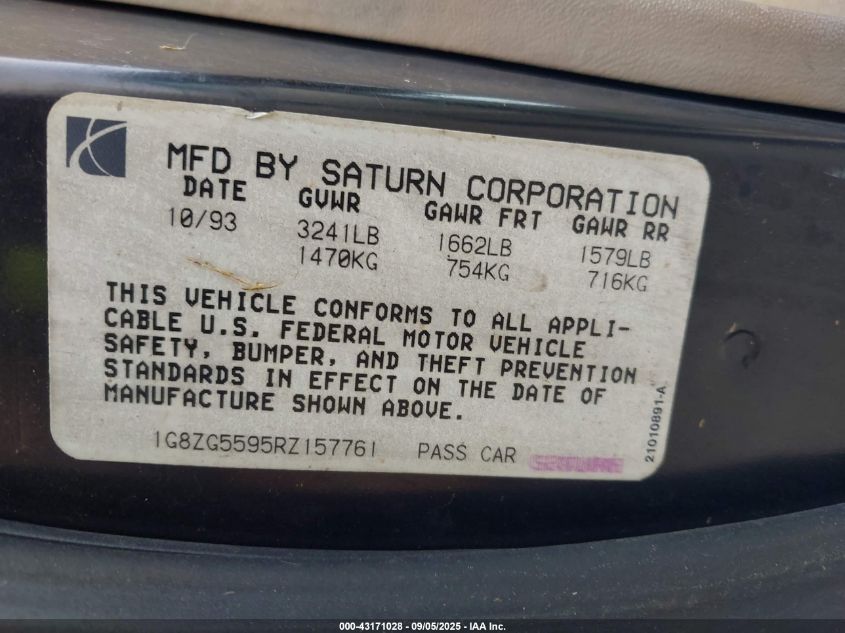 1994 Saturn Sl1 VIN: 1G8ZG5595RZ157761 Lot: 43171028