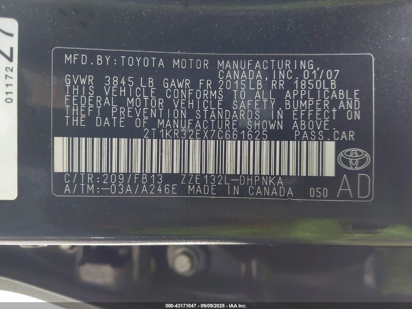 2007 Toyota Matrix Xr VIN: 2T1KR32EX7C661625 Lot: 43171047