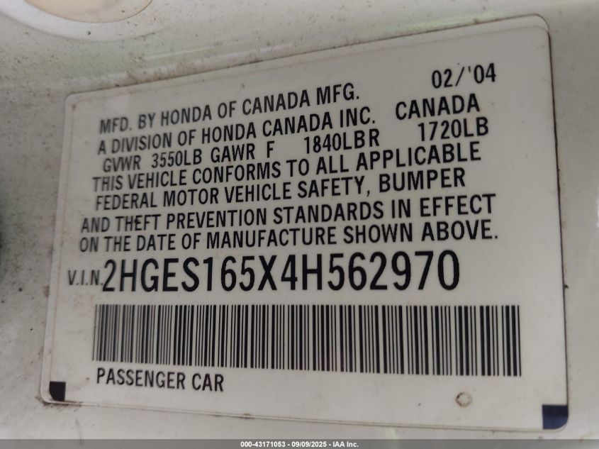 2004 Honda Civic Lx VIN: 2HGES165X4H562970 Lot: 43171053