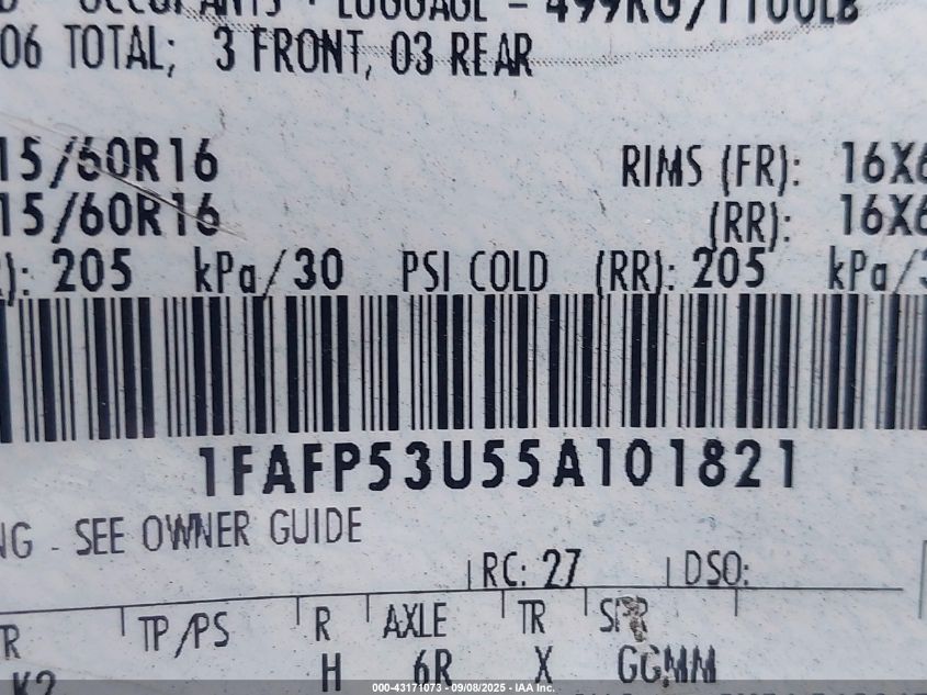 2005 Ford Taurus Se VIN: 1FAFP53U55A101821 Lot: 43171073