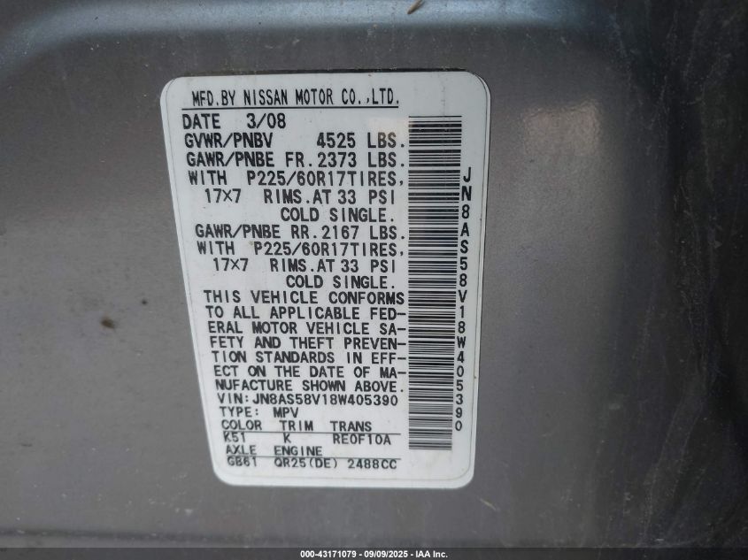 2008 Nissan Rogue Sl VIN: JN8AS58V18W405390 Lot: 43171079