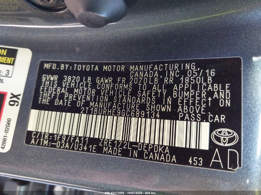 2016 Toyota Corolla L VIN: 2T1BURHE9GC689134 Lot: 43171092