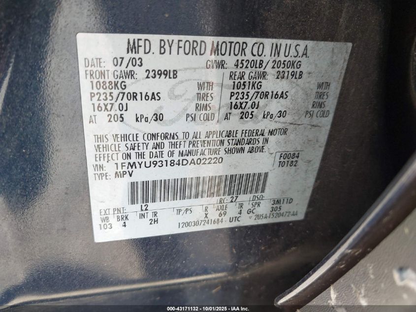 2004 Ford Escape Xlt VIN: 1FMYU93184DA02220 Lot: 43171132