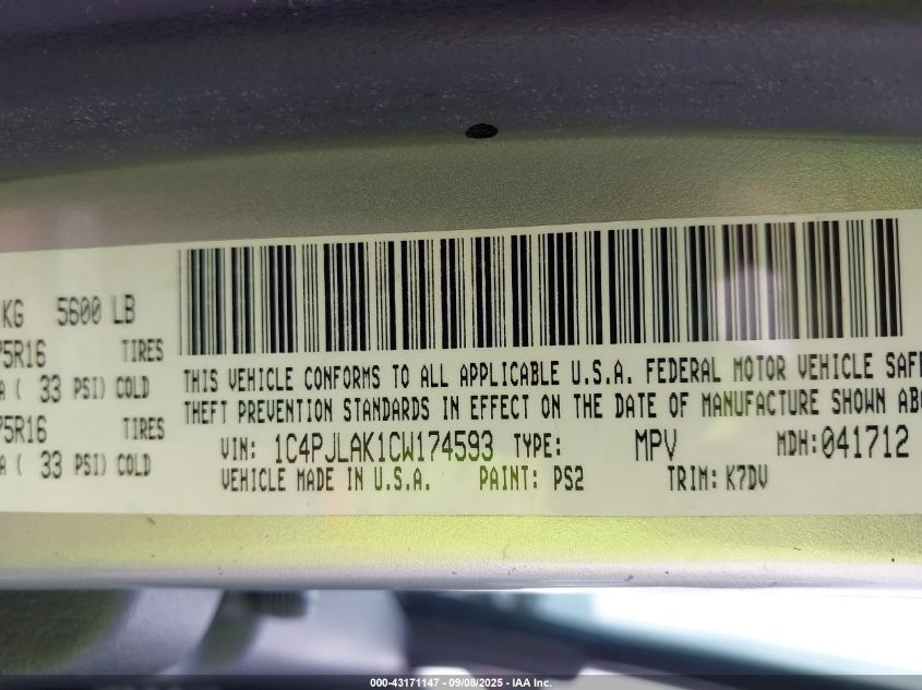 2012 Jeep Liberty Sport VIN: 1C4PJLAK1CW174593 Lot: 43171147