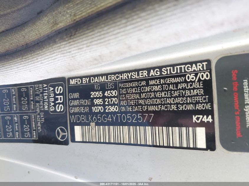 2000 Mercedes-Benz Clk 320 VIN: WDBLK65G4YT052577 Lot: 43171151