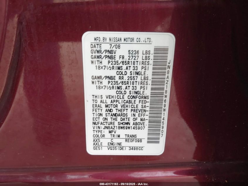 2009 Nissan Murano Sl VIN: JN8AZ18W69W145907 Lot: 43171163