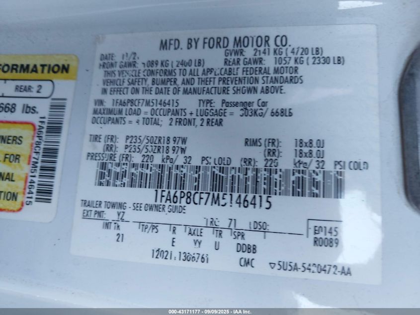 2021 Ford Mustang Gt Fastback VIN: 1FA6P8CF7M5146415 Lot: 43171177