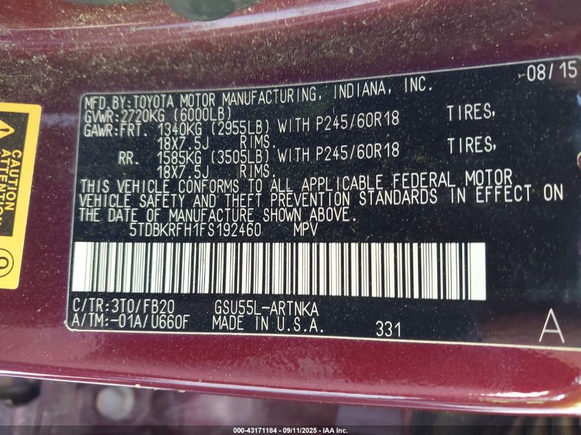 2015 Toyota Highlander Le V6 VIN: 5TDBKRFH1FS192460 Lot: 43171184