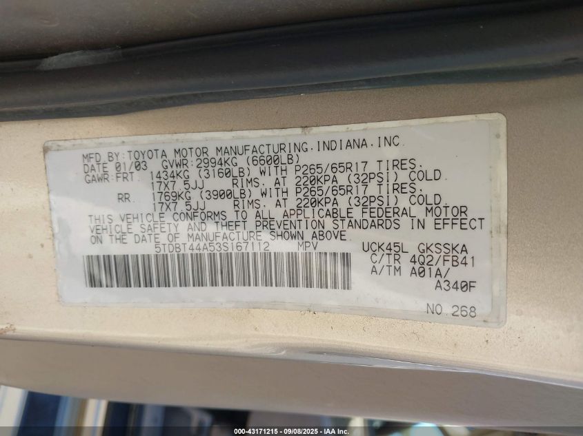 2003 Toyota Sequoia Sr5 V8 VIN: 5TDBT44A53S167112 Lot: 43171215