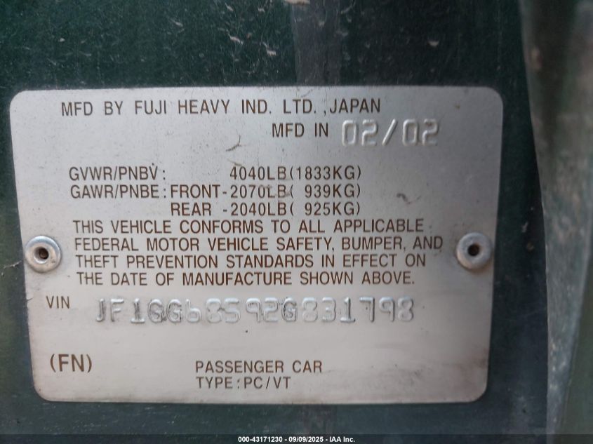 2002 Subaru Impreza Outback Sport VIN: JF1GG68592G831798 Lot: 43171230