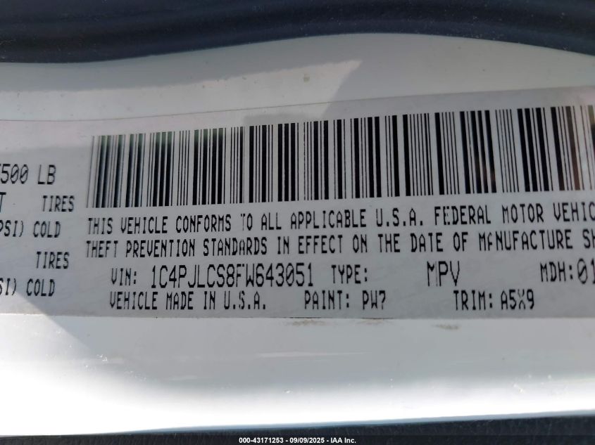 2015 Jeep Cherokee Latitude VIN: 1C4PJLCS8FW643051 Lot: 43171253
