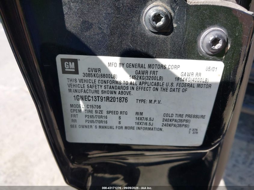 2001 Chevrolet Tahoe Lt VIN: 1GNEC13T91R201876 Lot: 43171276