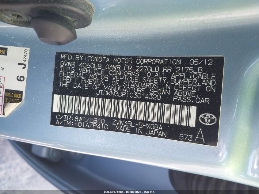 2012 Toyota Prius Plug-In Advanced VIN: JTDKN3DP1C3014320 Lot: 43171285